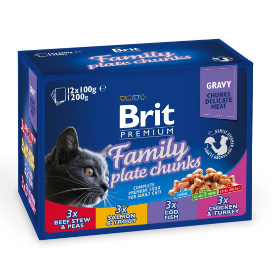 Вологий корм для котів Brit Premium Cat Family Plate pouches 1200 г (асорті з 4 смаків «Сімейна тарілка»)