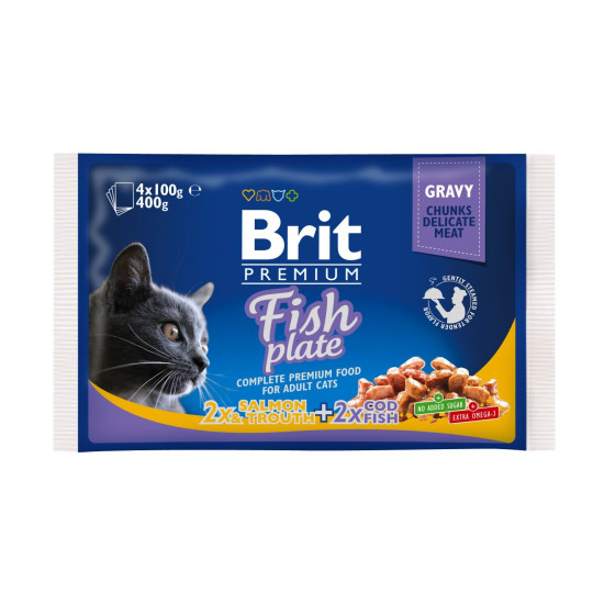 Вологий корм для котів Brit Premium Cat Fish Plate pouches 400 г (асорті з 2 смаків «Рибна тарілка»)