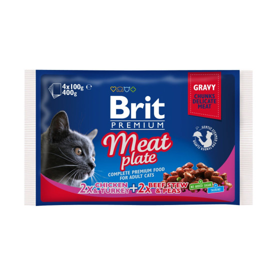 Вологий корм для котів Brit Premium Cat Meat Plate pouches 400 г (асорті з 2 смаків «М'ясна тарілка»)