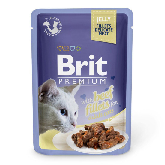 Вологий корм для котів Brit Premium Cat Beef Fillets Jelly pouch 85 г (філе яловичини в желе)