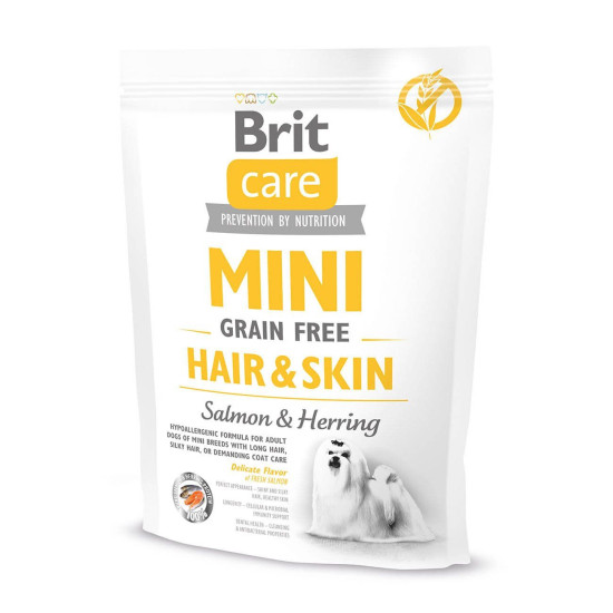 Сухий корм для собак мініатюрних порід, шерсть яких вимагає додаткового догляду Brit Care Mini GF Hair & Skin 400 г (лосось та оселедець)