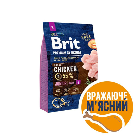 Сухий корм для цуценят та молодих собак дрібних порід (вагою до 10 кг) Brit Premium Junior S 3 кг (курка)