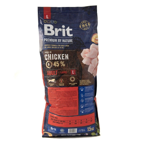 Сухой корм для взрослых собак крупных пород (весом от 25 до 45 кг) Brit Premium Adult L 15 кг (курица)