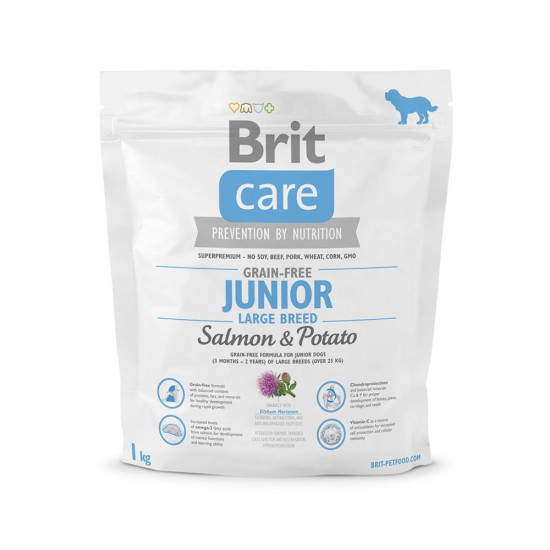 Сухий корм для цуценят та молодих собак великих порід (вагою від 25 кг) Brit Care GF Junior Large Breed Salmon & Potato 1 кг (лосось)