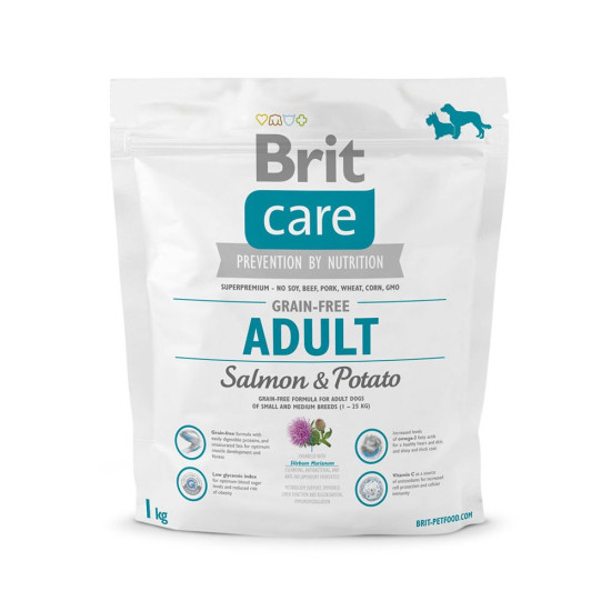 Сухий корм для дорослих собак дрібних та середніх порід (вагою до 25 кг) Brit Care GF Adult Salmon & Potato 1 кг (лосось)
