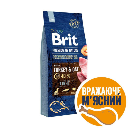 Сухий корм для собак із зайвою вагою Brit Premium Light 15 кг (індичка)