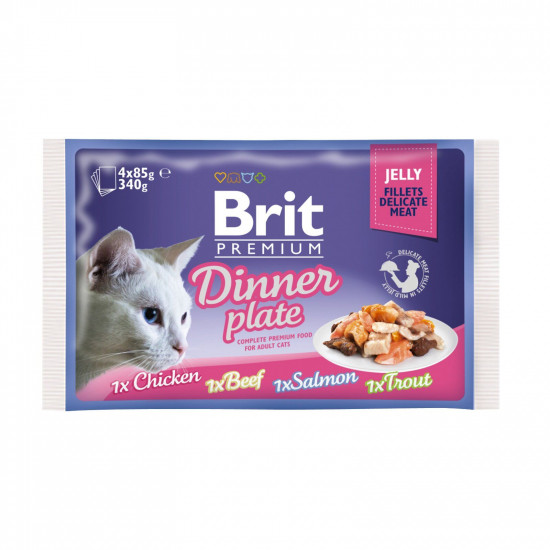 Вологий корм для котів Brit Premium Cat Dinner Plate Fillets Jelly pouches 340 г (асорті з 4 смаків «Обідня тарілка» в желе)