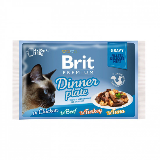 Вологий корм для котів Brit Premium Cat Dinner Plate Fillets Gravy pouches 340 г (асорті з 4 смаків «Обідня тарілка» в соусі)