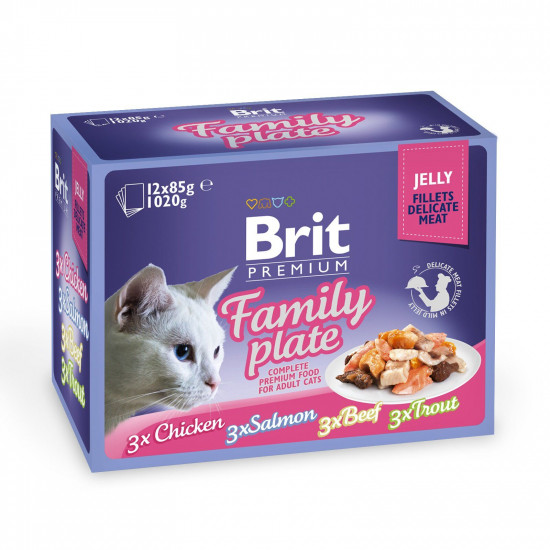 Вологий корм для котів Brit Premium Cat Family Plate Jelly pouches 1020 г (асорті з 4 смаків «Сімейна тарілка» в желе)