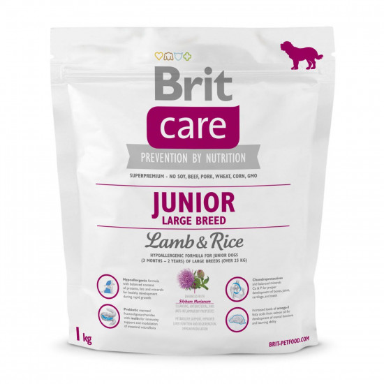 Сухий корм для цуценят та молодих собак великих порід (вагою від 25 кг) Brit Care Junior Large Breed Lamb & Rice 1 кг (ягня та рис)