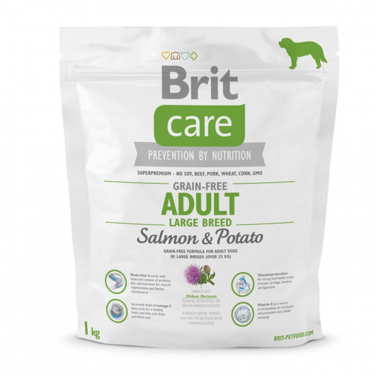 Сухий корм для дорослих собак великих порід (вагою від 25 до 45 кг) Brit Care GF Adult Large Breed Salmon & Potato 1 кг (лосось)