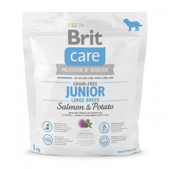 Сухий корм для цуценят та молодих собак великих порід (вагою від 25 кг) Brit Care GF Junior Large Breed Salmon & Potato 1 кг (лосось)