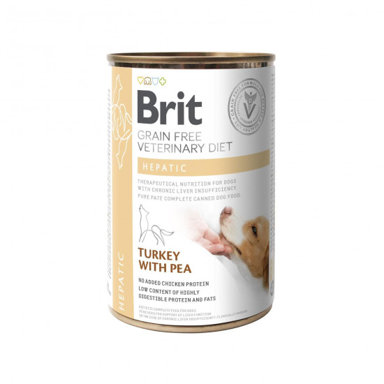 Вологий корм для собак Brit VetDiets Dog Hepatic із захворюванням печінки, 400 г (індичка та горошок)