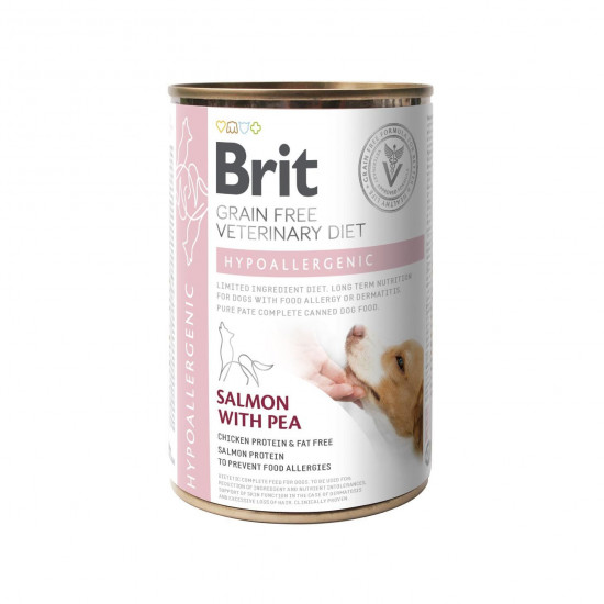 Вологий корм для собак Brit VetDiets Hypoallergenic із харчовою алергією або непереносимістю, 400 г (лосось та горошок)