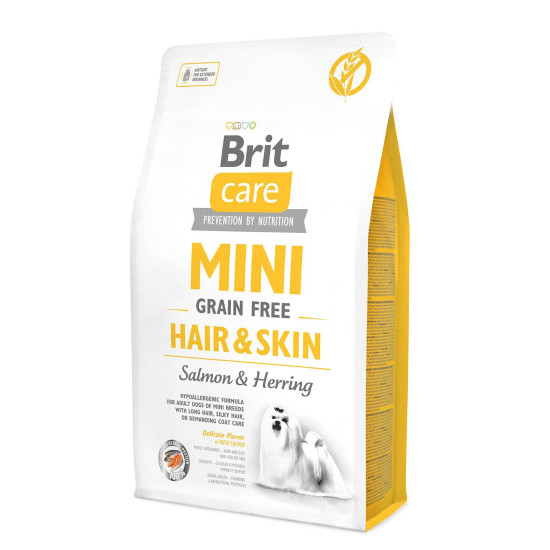 Сухий корм для собак мініатюрних порід, шерсть яких вимагає додаткового догляду Brit Care Mini GF Hair & Skin 2 кг (лосось та оселедець)