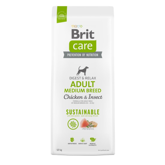 Корм сухий Brit Care Dog Sustainable Adult Medium Breed для дорослих собак середніх порід з куркою та комахами 12 кг