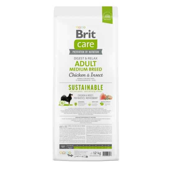 Корм сухий Brit Care Dog Sustainable Adult Medium Breed для дорослих собак середніх порід з куркою та комахами 12 кг