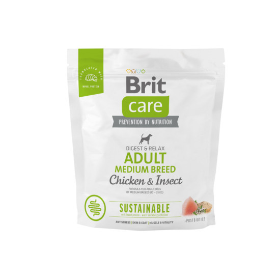 Сухой корм для собак средних пород Brit Care Digest and Relax 1 кг (курица и насекомые)