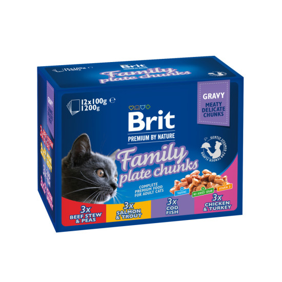 Набір вологого корму для котів Brit Premium Cat Family Plate pouches 100г х 12шт. (асорті з 4 смаків «Сімейна тарілка»)
