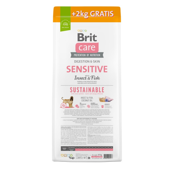 Корм сухий Brit Care Dog Sustainable Sensitive для дорослих собак усіх порід з чутливим травленням з комахами та рибою 12+2