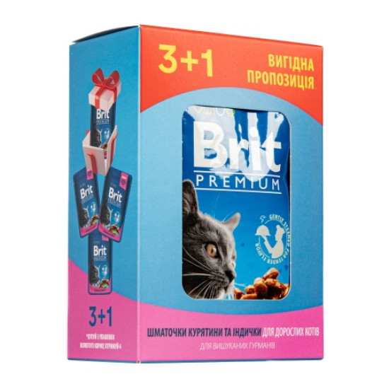 Вологий корм для котів Brit Premium pouch 4 x 100 г - курка та індичка Вологий корм для котів Brit Premium pouch 4 x 100 г - курка та індичка