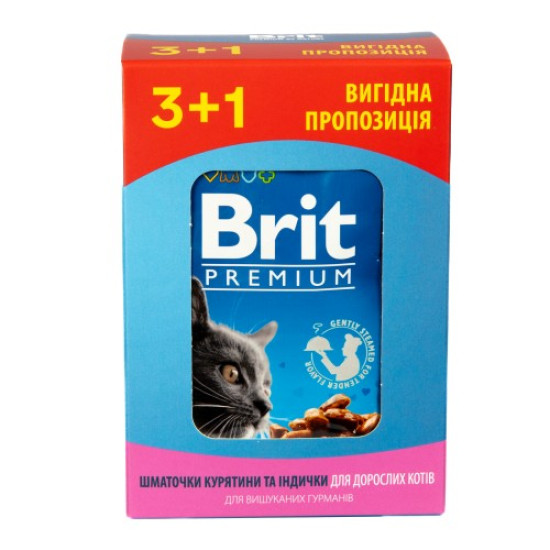 Вологий корм для котів Brit Premium pouch 4 x 100 г - курка та індичка Вологий корм для котів Brit Premium pouch 4 x 100 г - курка та індичка