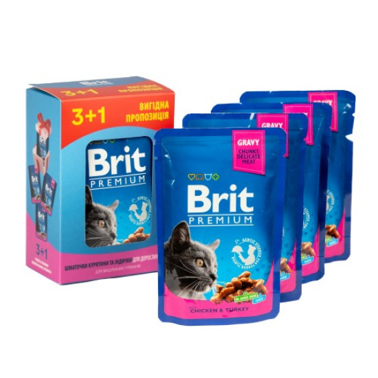 Вологий корм для котів Brit Premium pouch 4 x 100 г - курка та індичка Вологий корм для котів Brit Premium pouch 4 x 100 г - курка та індичка