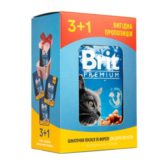 Вологий корм для котів Brit Premium pouch 4 x 100 г - лосось і форель Вологий корм для котів Brit Premium pouch 4 x 100 г - лосось і форель