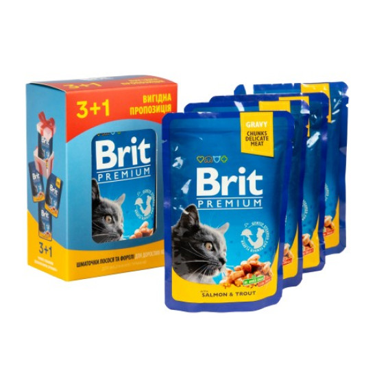 Вологий корм для котів Brit Premium pouch 4 x 100 г - лосось і форель Вологий корм для котів Brit Premium pouch 4 x 100 г - лосось і форель