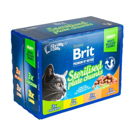 Набор влажного корма для котов Brit Premium Sterilised pouch 12 шт/100 г - ассорти Набор влажного корма для котов Brit Premium Sterilised pouch 12 шт/100 г - ассорти