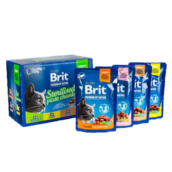 Набор влажного корма для котов Brit Premium Sterilised pouch 12 шт/100 г - ассорти Набор влажного корма для котов Brit Premium Sterilised pouch 12 шт/100 г - ассорти