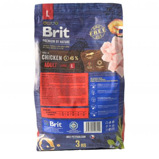 Сухой корм для взрослых собак крупных пород (весом от 25 до 45 кг) Brit Premium Adult L 3 кг (курица)
