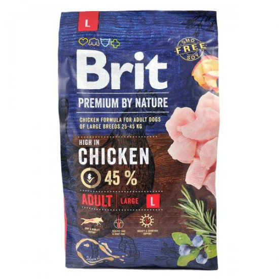 Сухой корм для взрослых собак крупных пород (весом от 25 до 45 кг) Brit Premium Adult L 3 кг (курица)
