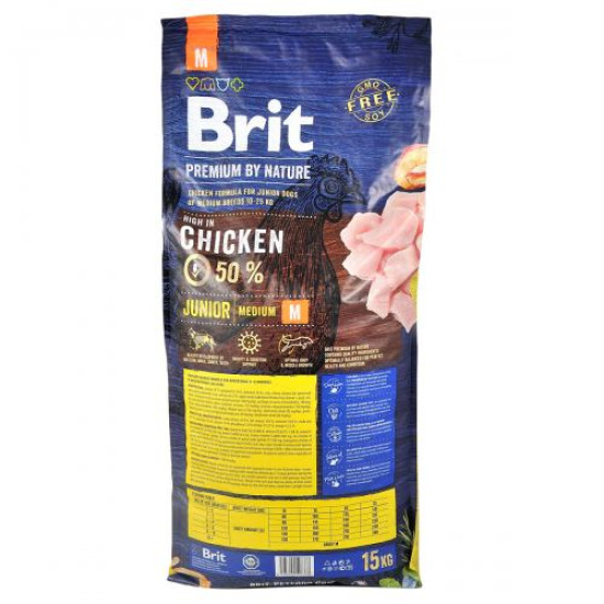 Сухой корм для щенков и молодых собак средних пород (весом от 10 до 25 кг) Brit Premium Junior M 15 кг (курица)