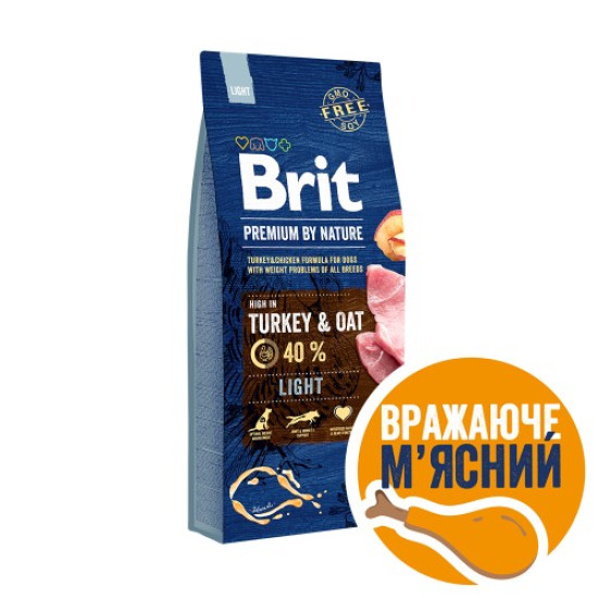 Сухой корм для собак с лишним весом Brit Premium Light 15 кг (индейка)