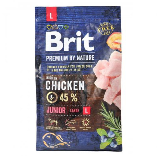 Сухой корм для щенков и молодых собак крупных пород (весом от 25 до 45 кг) Brit Premium Junior L 3 кг (курица)