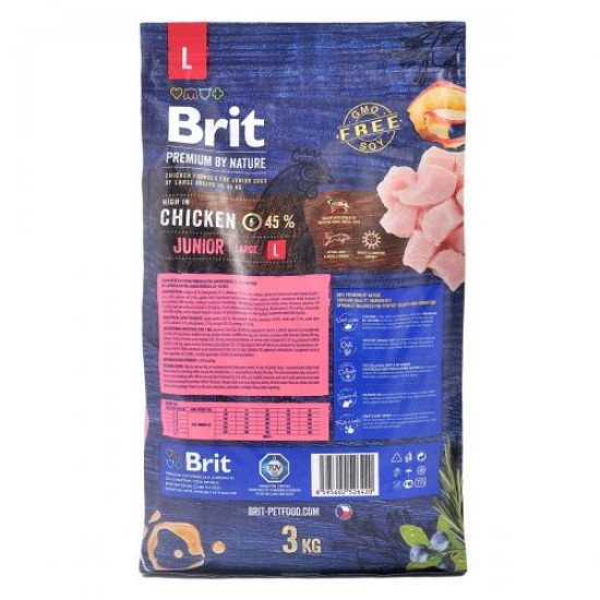 Сухой корм для щенков и молодых собак крупных пород (весом от 25 до 45 кг) Brit Premium Junior L 3 кг (курица)